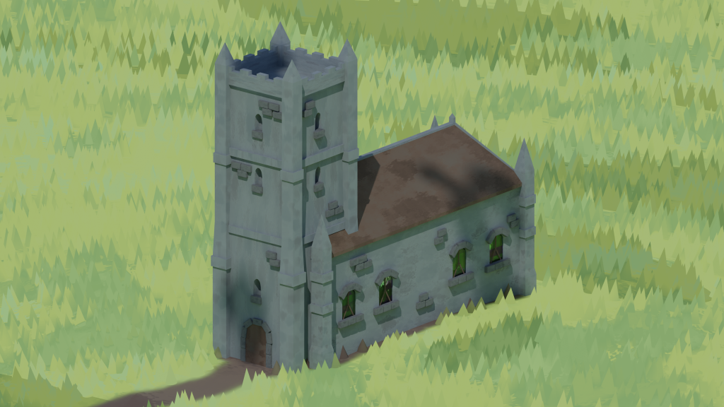 A render of a church in a field